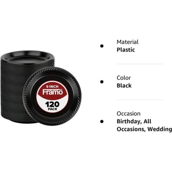 Disposable Black Plastic Plates, Pack of 120-9-Inch Round Plastic Plates - Picture 2 of 7